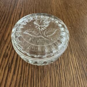 Vintage Luigi Bormioli Glass Trinket Box Powder Jar Rose Lid Floral Italy Signed